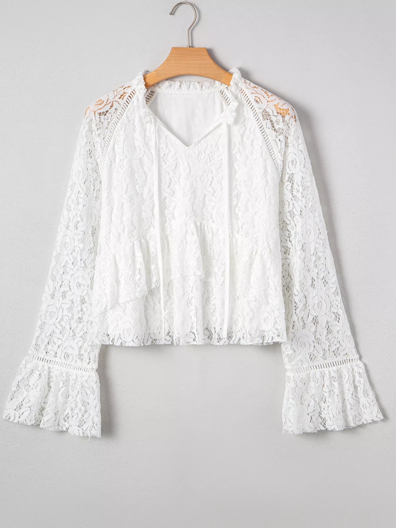 Tie Neck Lace Ruffle Detail Long Sleeve Blouse