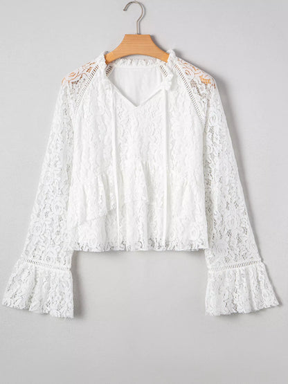 Tie Neck Lace Ruffle Detail Long Sleeve Blouse