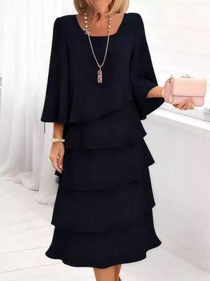 Full Size Ruffled Layered 3/4 Sleeve Dress Plus Size Black