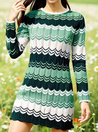 Openwork Wave Pattern Long Sleeve Sweater Dress Green