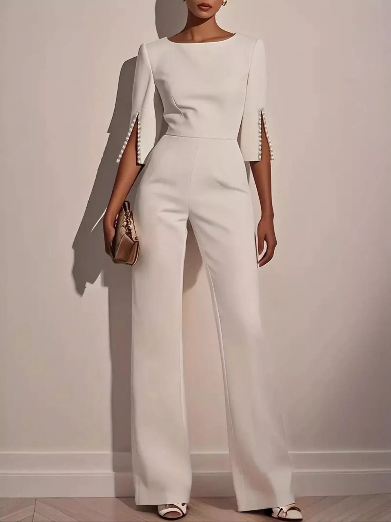 Wide-Leg Jumpsuit with Slit Sleeve White