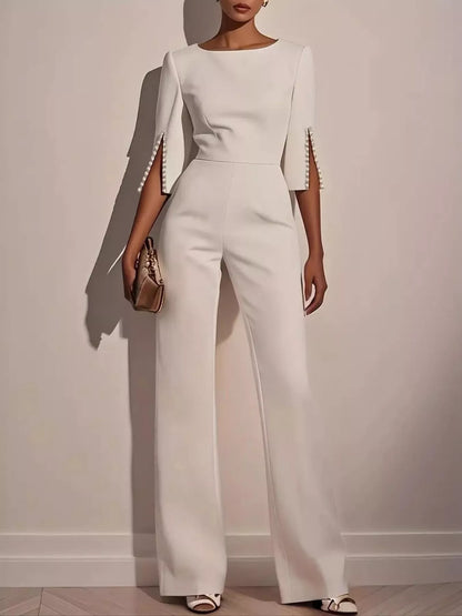Wide-Leg Jumpsuit with Slit Sleeve White