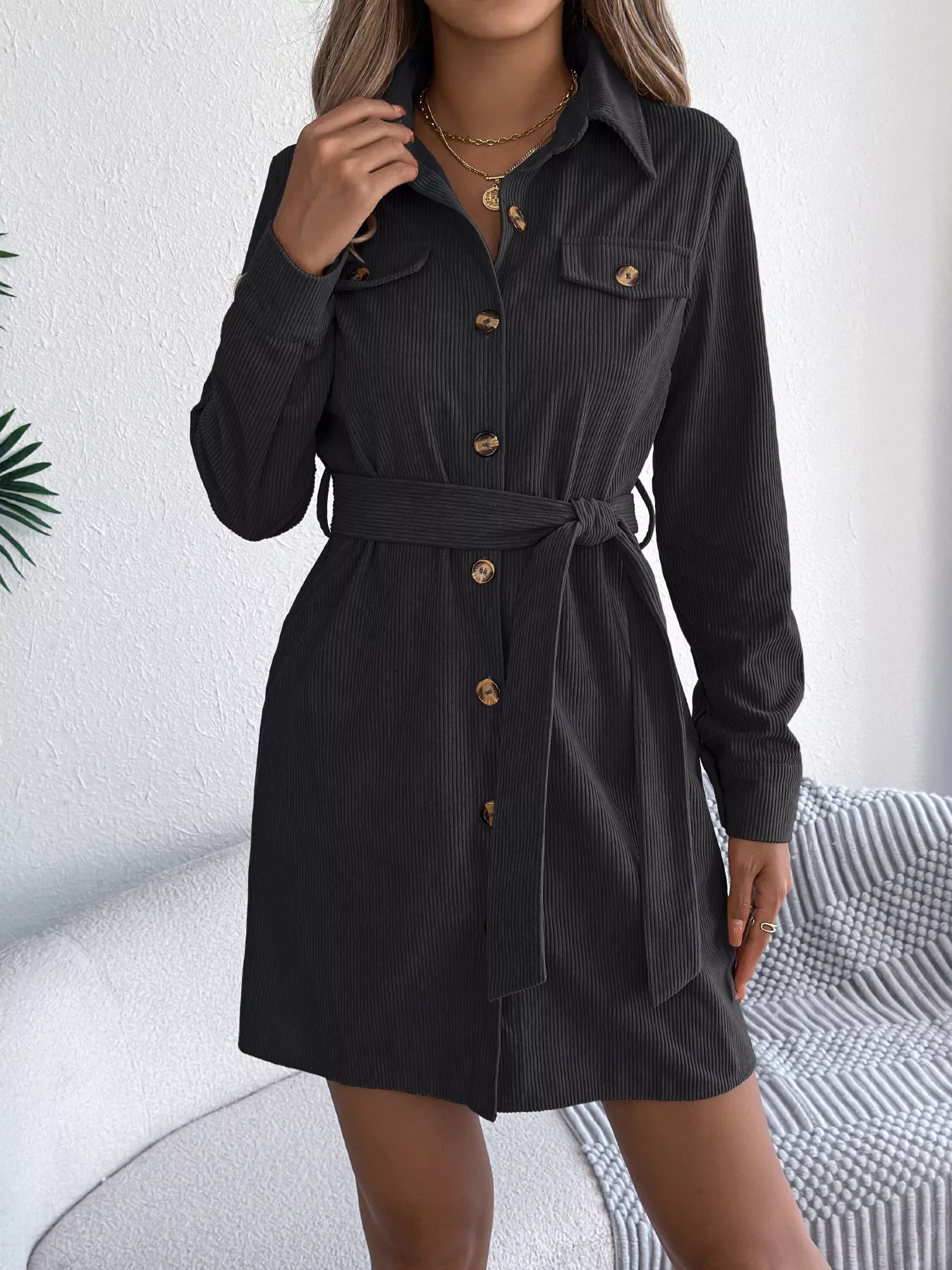 Button-Front Corduroy Shirt Dress