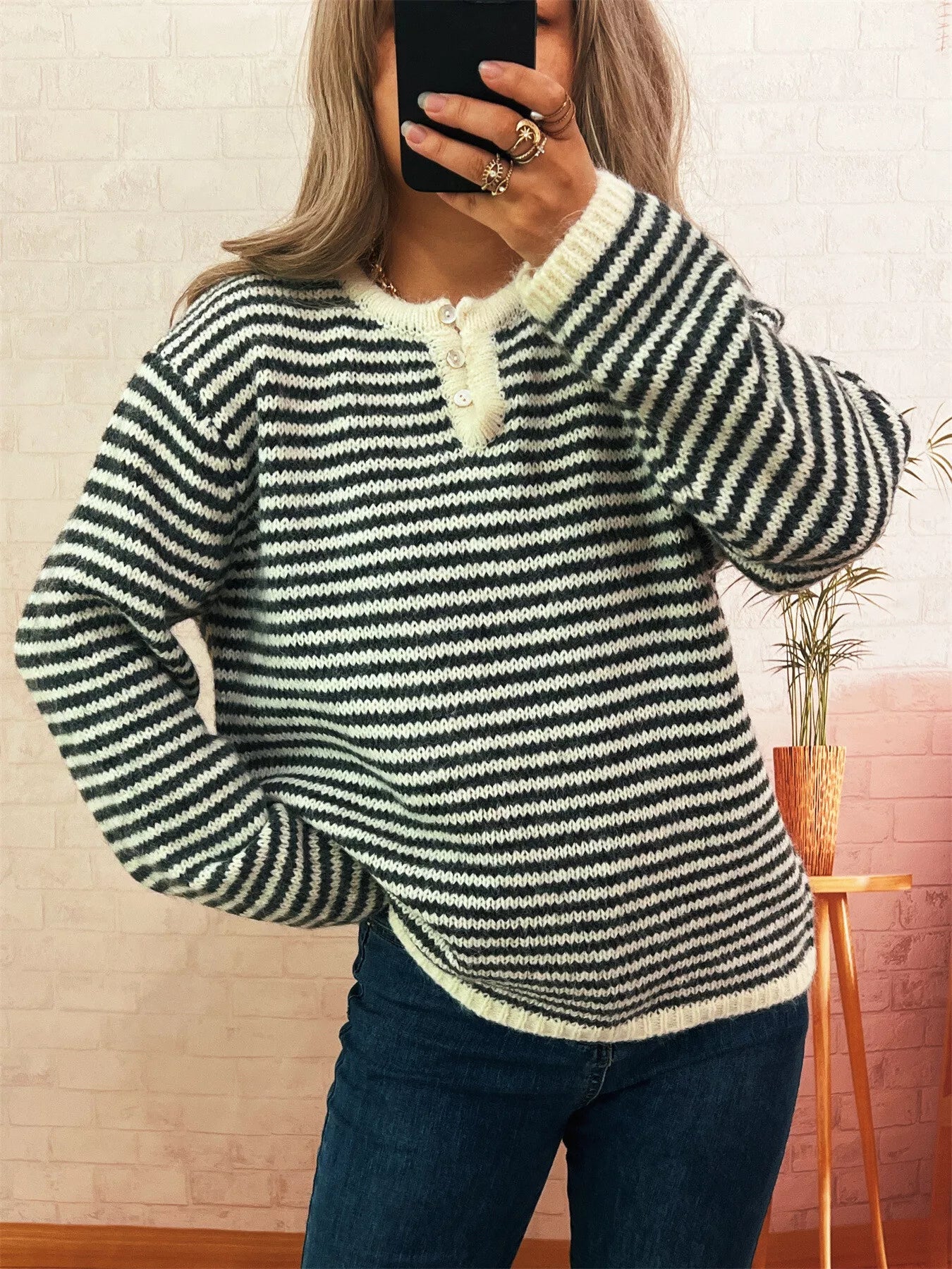 Striped Button Detail Long Sleeve Sweater