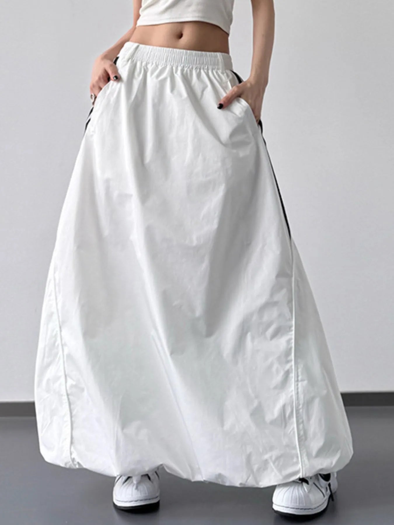 Striped Elastic Waist Maxi Skirt White