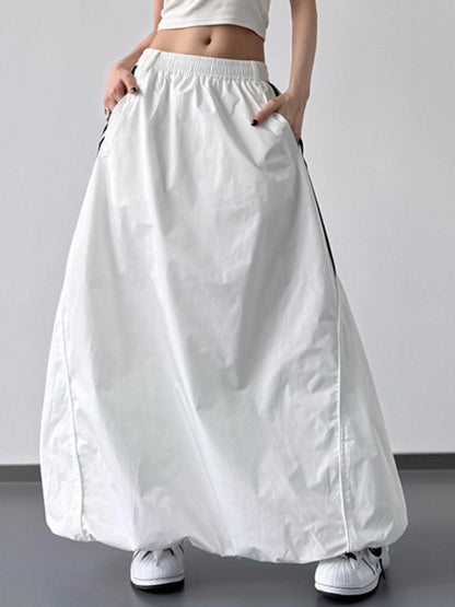 Striped Elastic Waist Maxi Skirt White