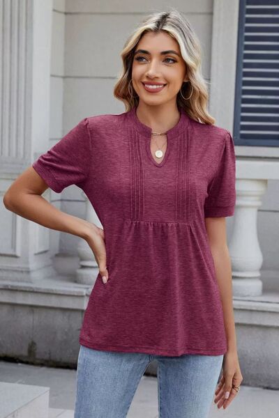 Notched Short Sleeve Solid Color Top