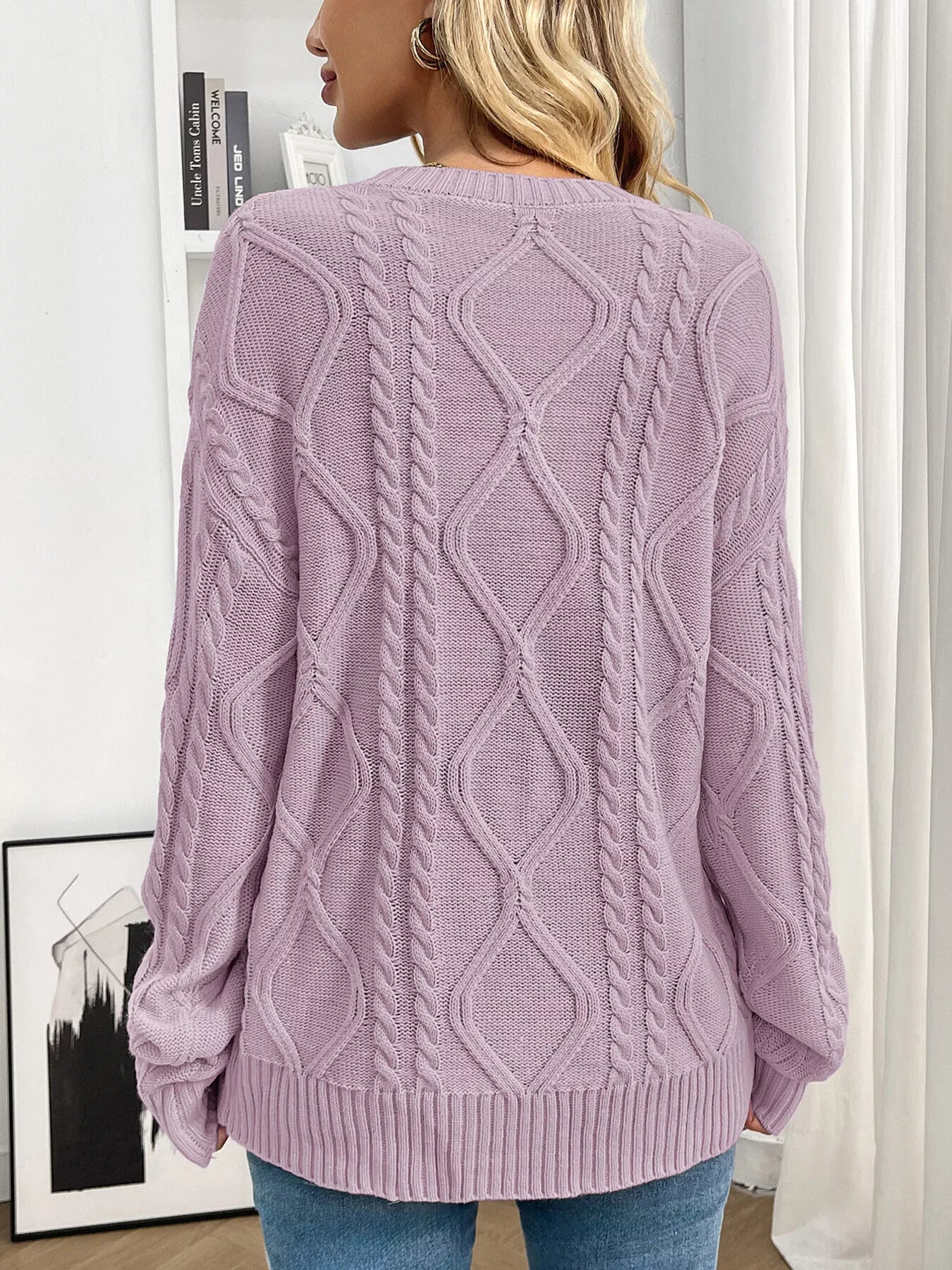Cable Knit Round Neck Long Sleeve Sweater