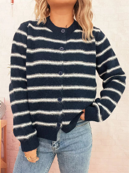 Striped Button-Up Long Sleeve Cardigan Navy One Size