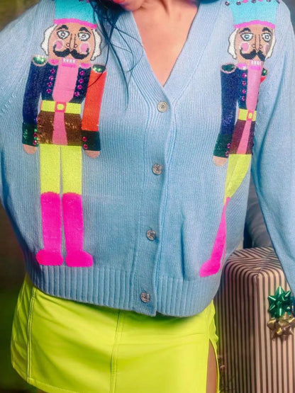 Nutcracker Ribbed Hem V-Neck Cardigan Azure Blue