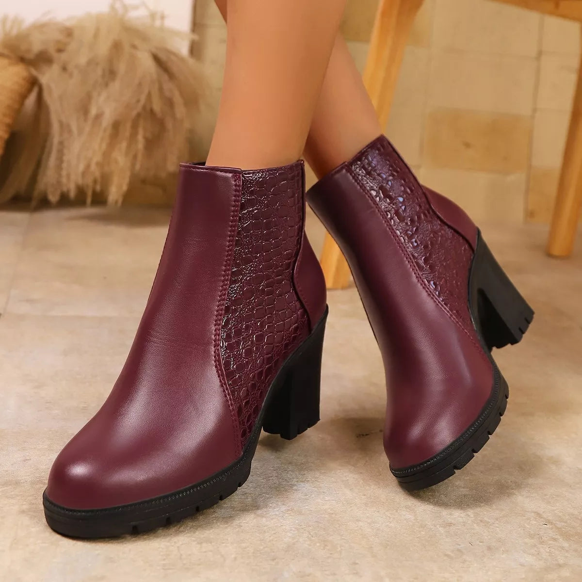 Point Toe Block Heels Boots Burgundy