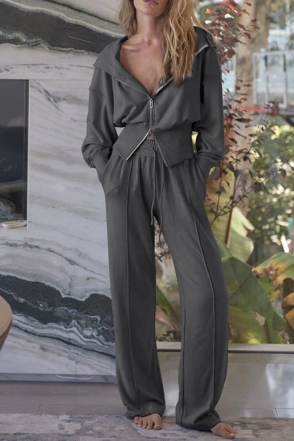 Zip-Up Hoodie and Pants Active Set Dark Gray