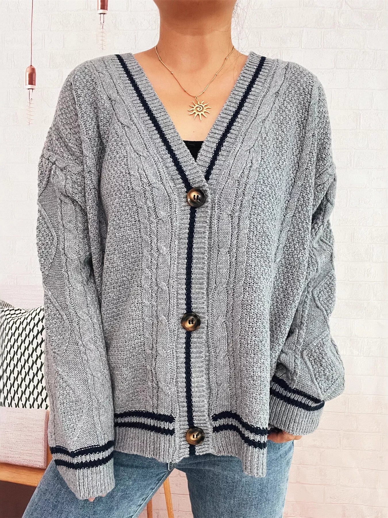 Star Pattern Button-Up Cardigan with Contrast Trim Gray One Size