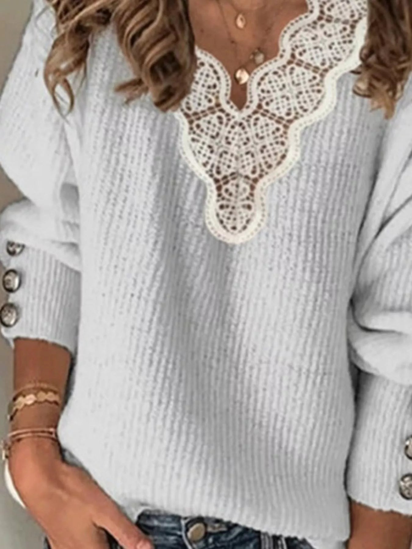 Full Size Lace Trim V-Neck Sweater Plus Size