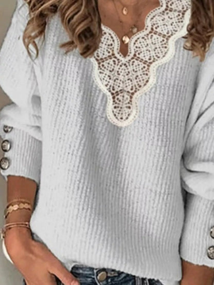 Full Size Lace Trim V-Neck Sweater Plus Size