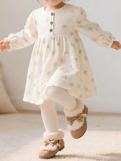 Children's Floral Print Long Sleeve Casual Dress Beige