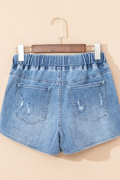 Drawstring High Waist Distressed Denim Shorts