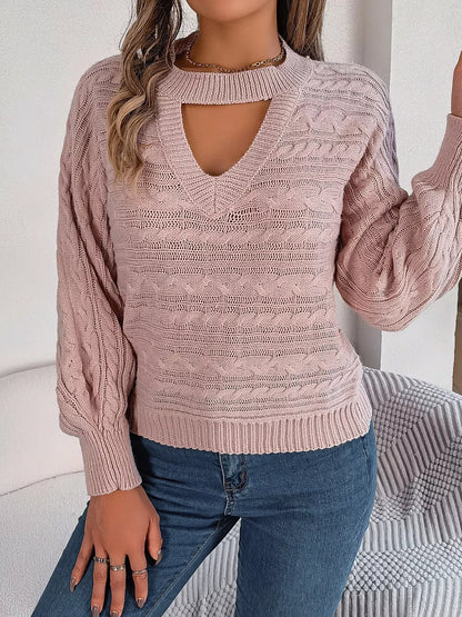 Cable-Knit Cutout Round Neck Sweater Pink