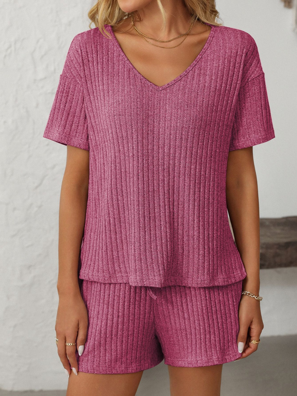 Mandy V-Neck Short Sleeve Top and Shorts Set Red-Violet