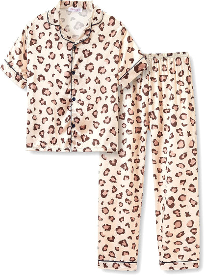 Girls Satin Pajama Set - Silky Button Down PJ with Shorts Size 6-16 Brown Leopard (Short Sleeve & Pants)