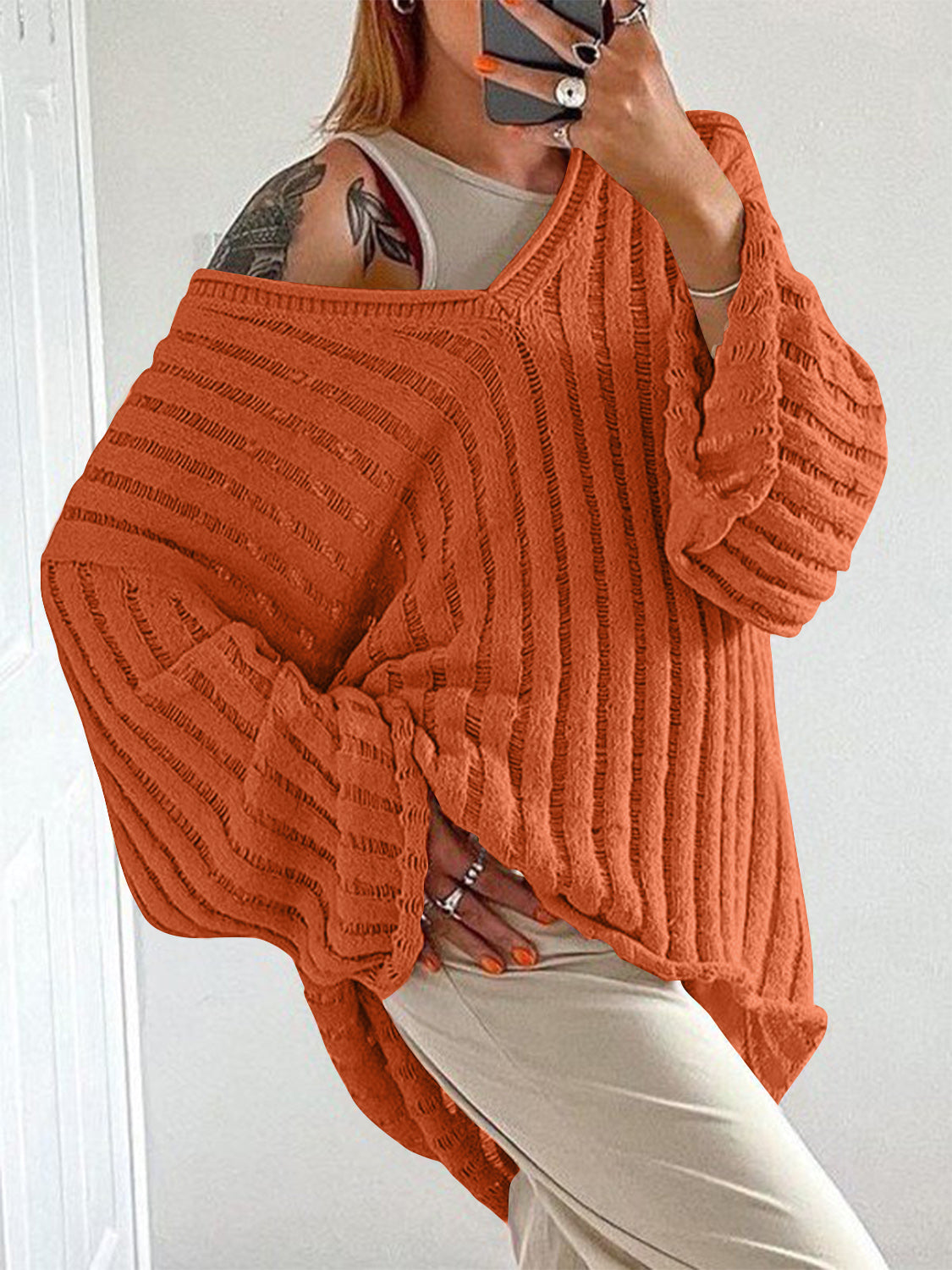 V-Neck Long Sleeve Sweater Orange