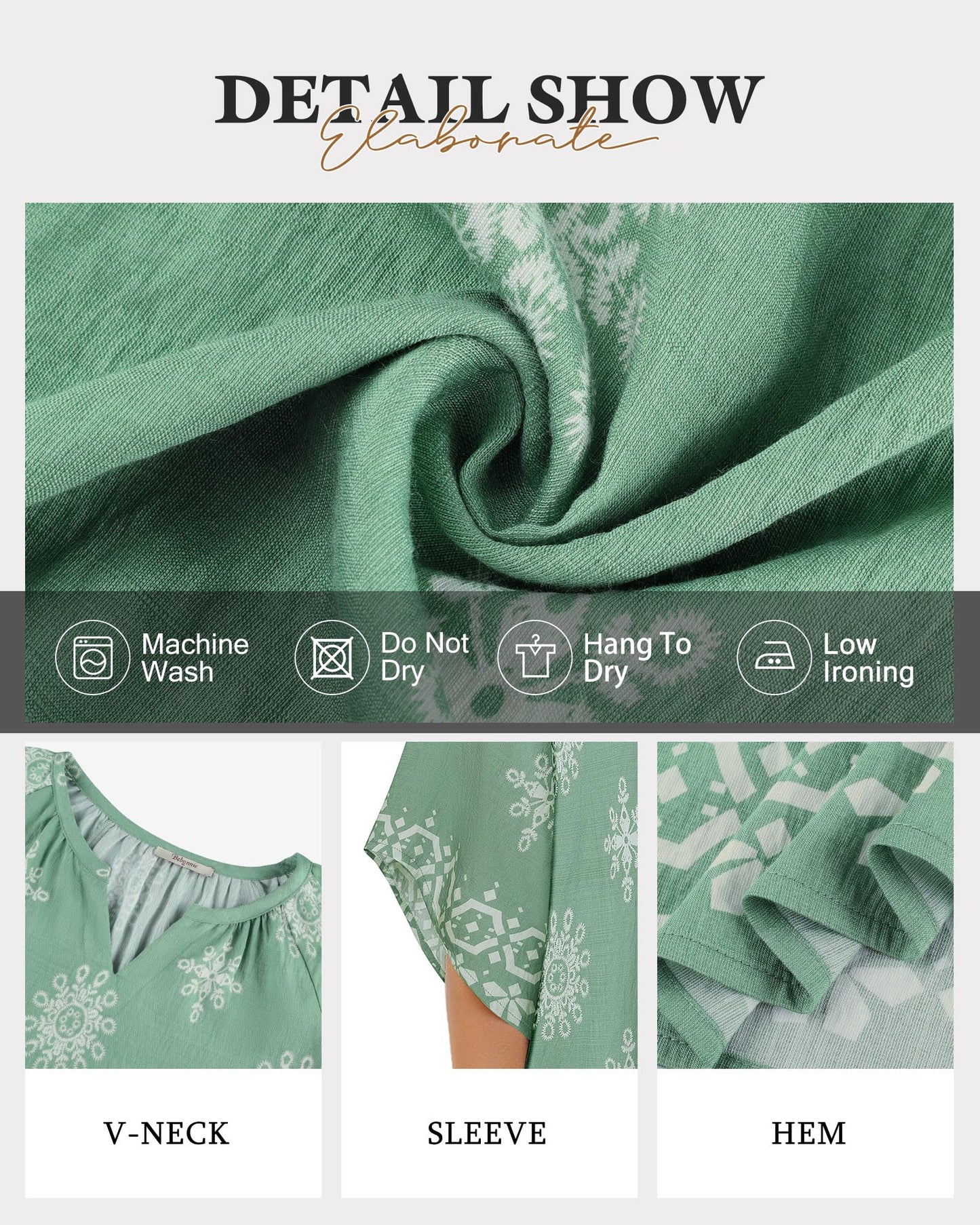 Big & Tall Clothing - Women's 3/4 Sleeve V-Neck Bohemian Peasant Blouse Loose Fit Tunic Top