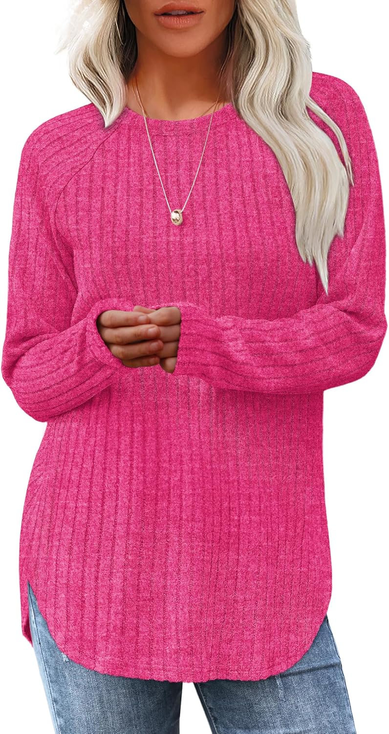 Women's Long Sleeve Tunic Tops - Loose Fit Crewneck Pullover with Curved Hem Hot Pink