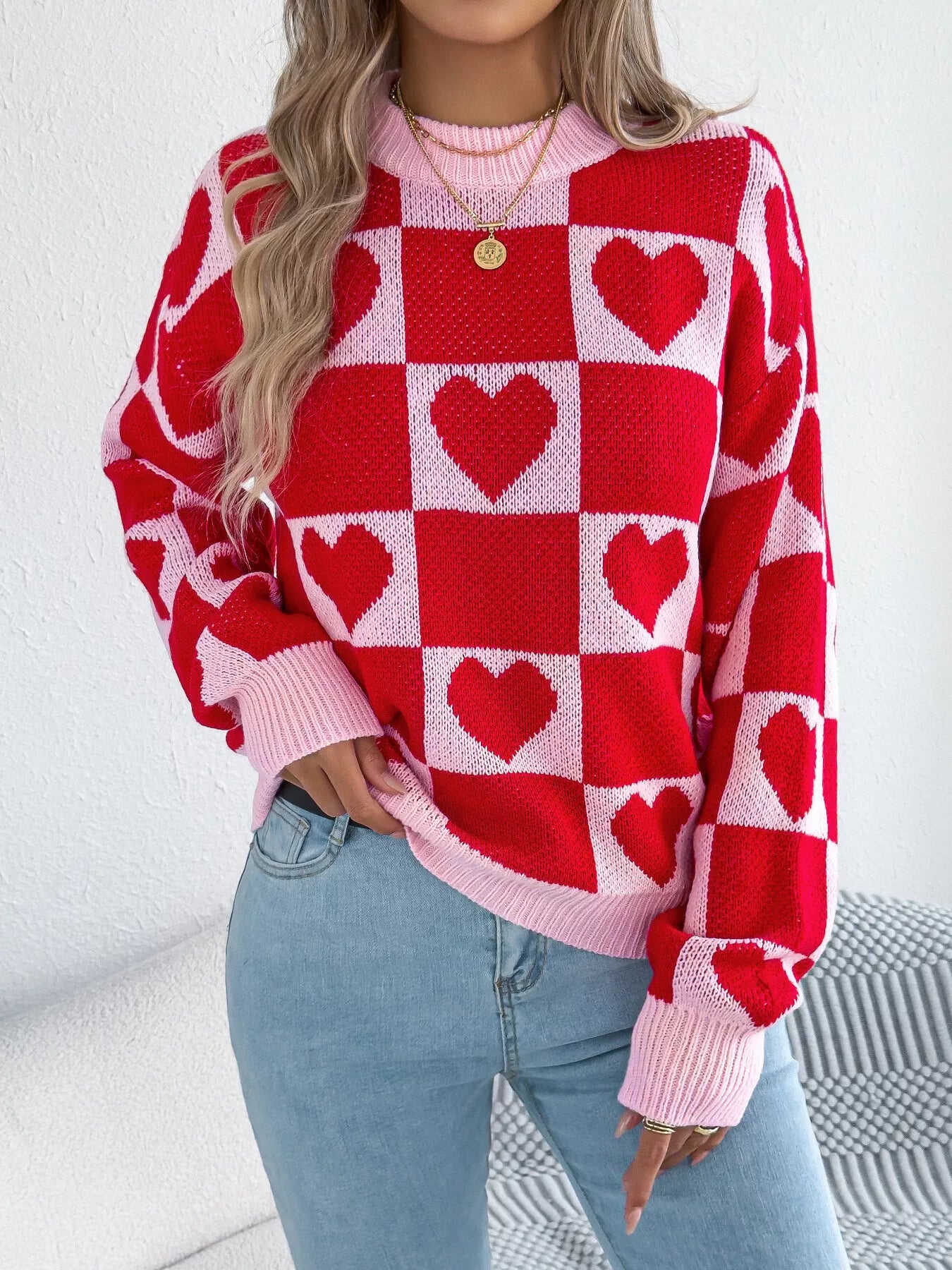 Heart Checkerboard Pattern Round Neck Sweater