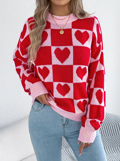 Heart Checkerboard Pattern Round Neck Sweater
