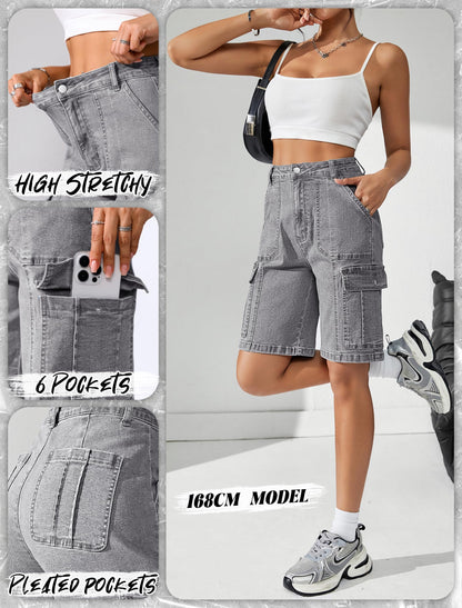 Women High Waisted Bermuda Cargo Shorts - 6 Pockets Stretchy Knee Length Summer Shorts