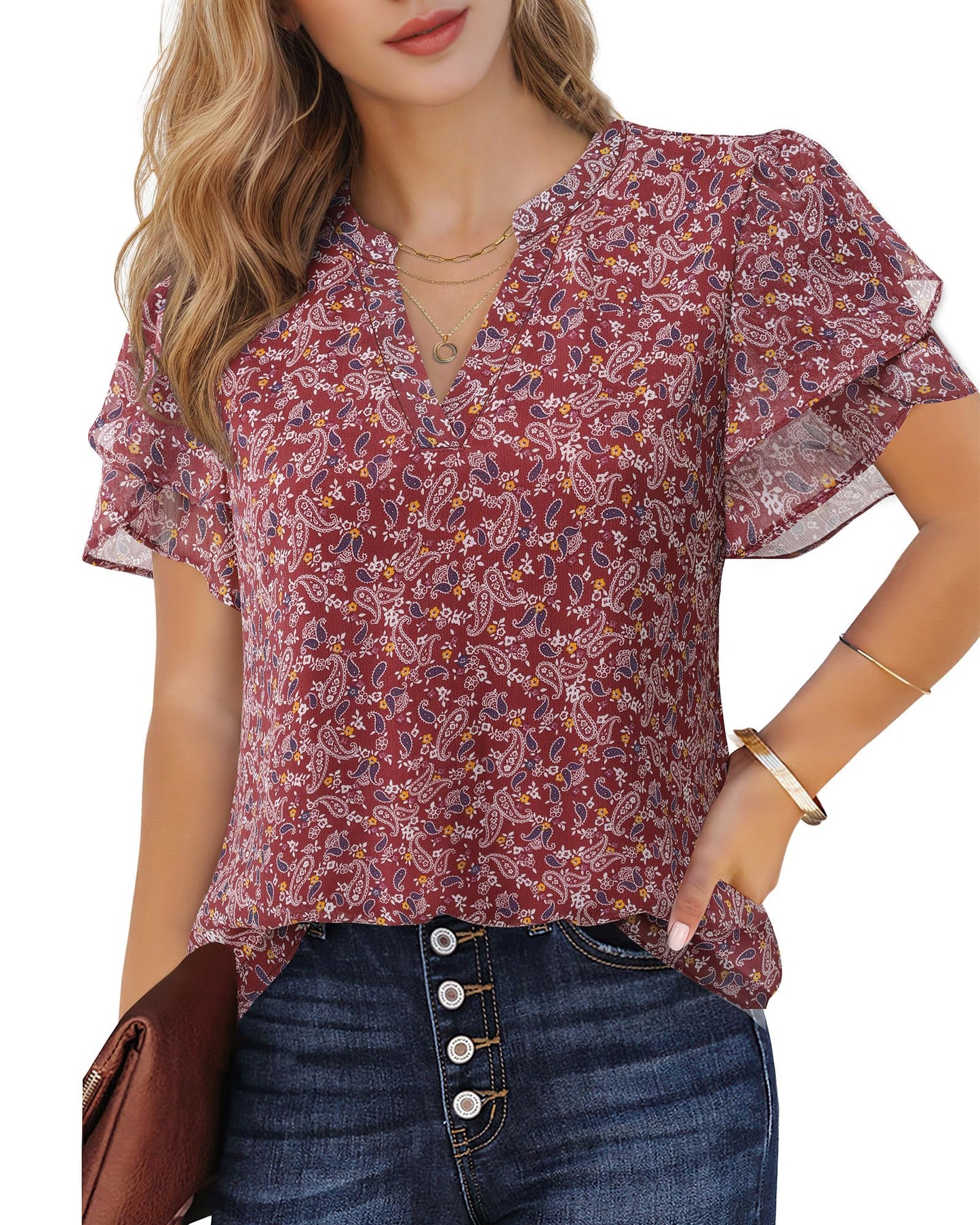 Polyester Blouses - Women's Chiffon Blouse V-Neck Puff Sleeve Summer Top for Work and Casual Wear
