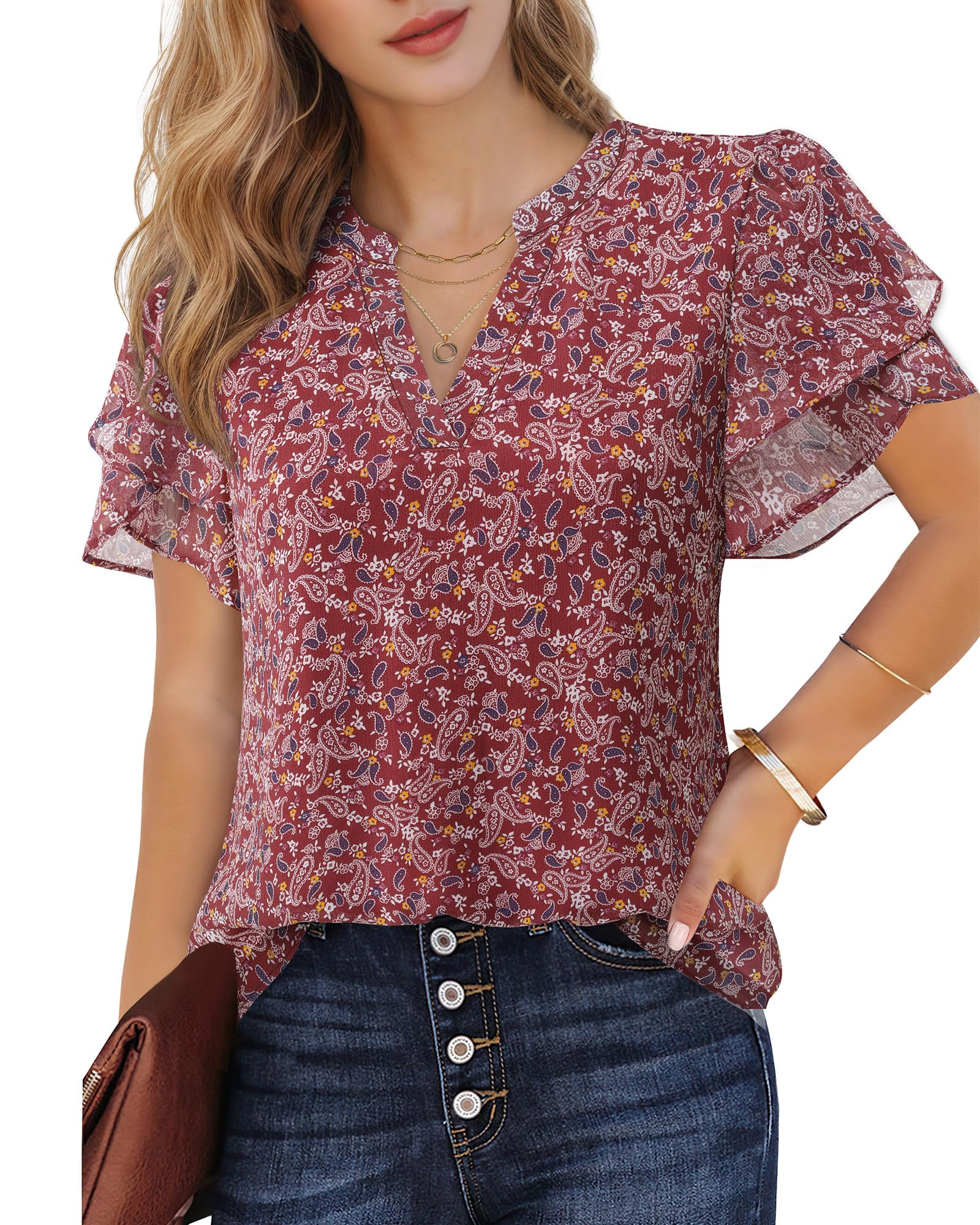 Polyester Blouses - Women's Chiffon Blouse V-Neck Puff Sleeve Summer Top for Work and Casual Wear