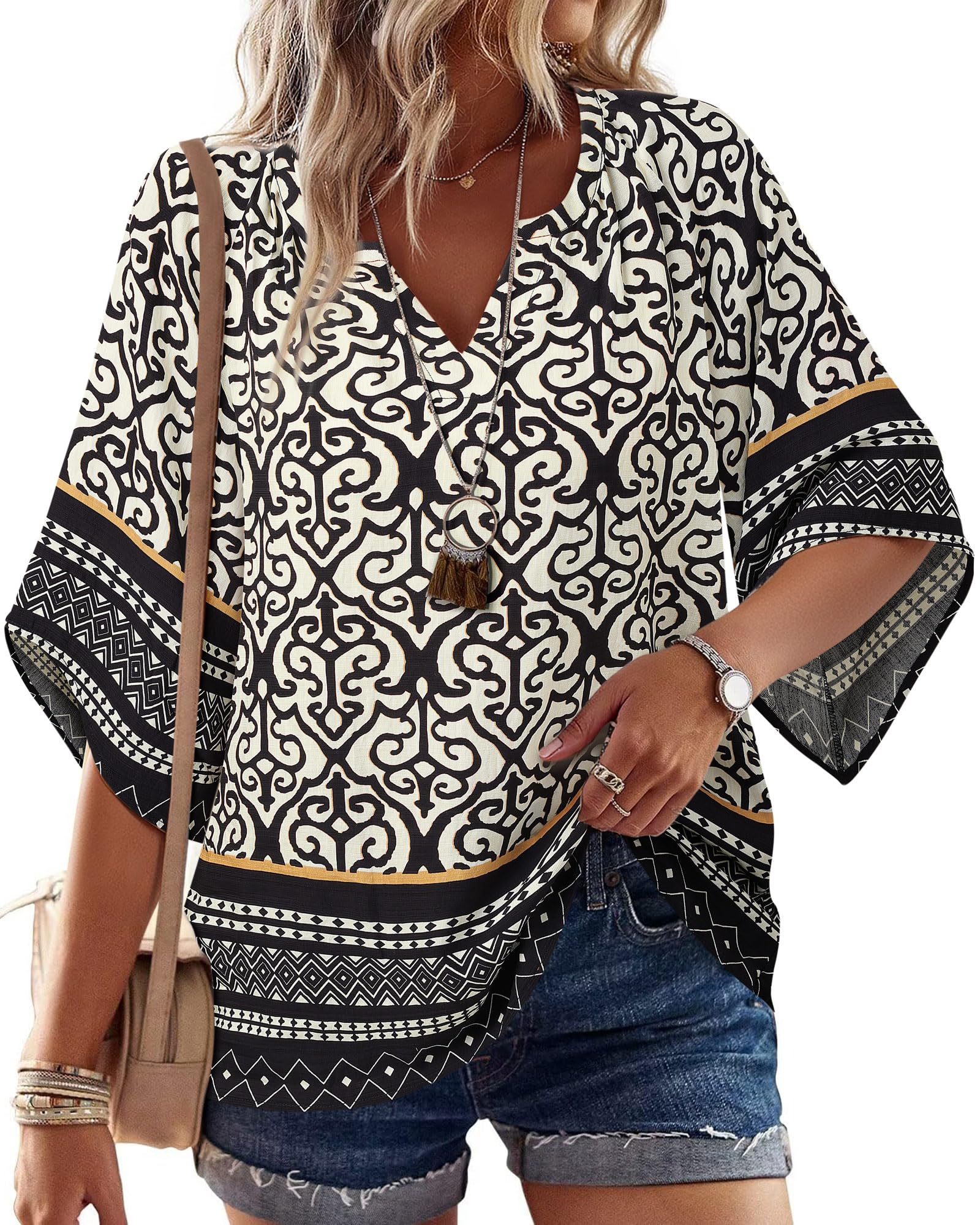 Big & Tall Clothing - Women's 3/4 Sleeve V-Neck Bohemian Peasant Blouse Loose Fit Tunic Top