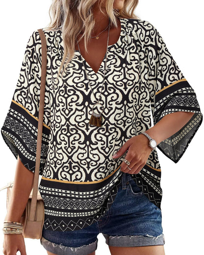 Big & Tall Clothing - Women's 3/4 Sleeve V-Neck Bohemian Peasant Blouse Loose Fit Tunic Top Exotic Black Floral