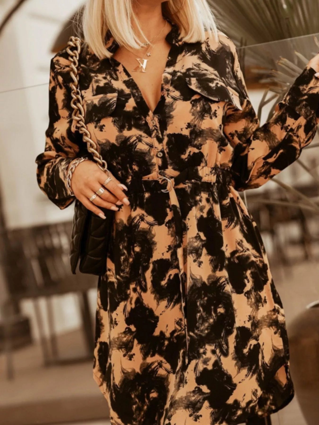 Printed Button Front Long Sleeve Dress Black Yellow Flower