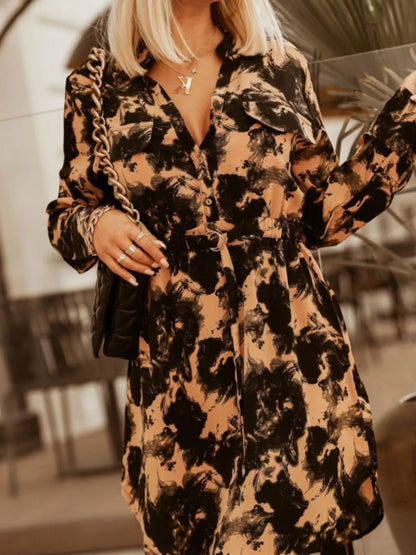 Printed Button Front Long Sleeve Dress Black Yellow Flower