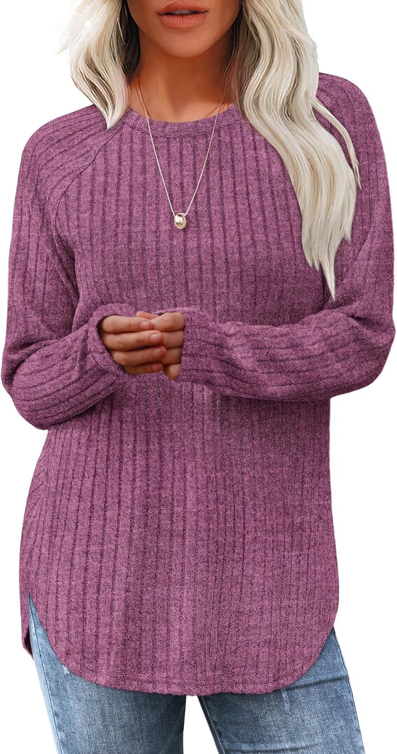 Women's Long Sleeve Tunic Tops - Loose Fit Crewneck Pullover with Curved Hem Rose Purple