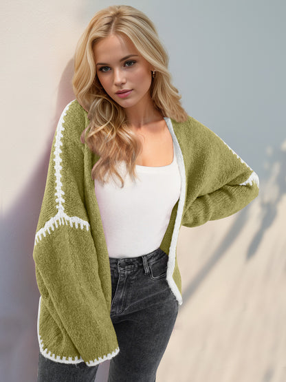 Back To School Sweater - Double Take Contrast Open Front Dropped Shoulder Cardigan Yellow-Green