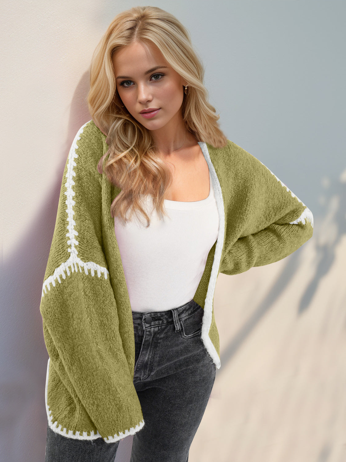 Back To School Sweater - Double Take Contrast Open Front Dropped Shoulder Cardigan Yellow-Green