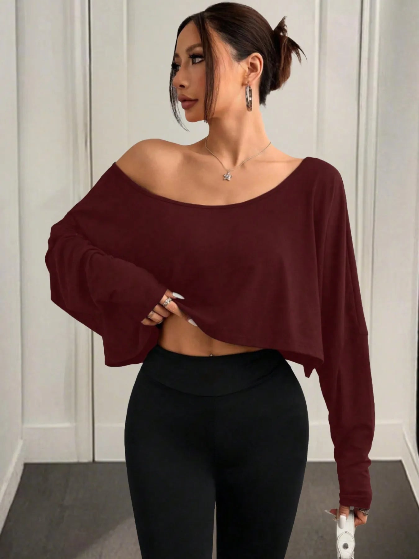 Boat Neck Long Sleeve Crop Top