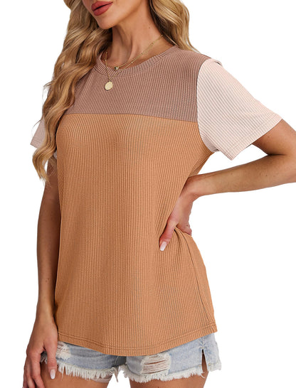 Women's Color Block Knit Shirt Short Sleeve Crewneck Top