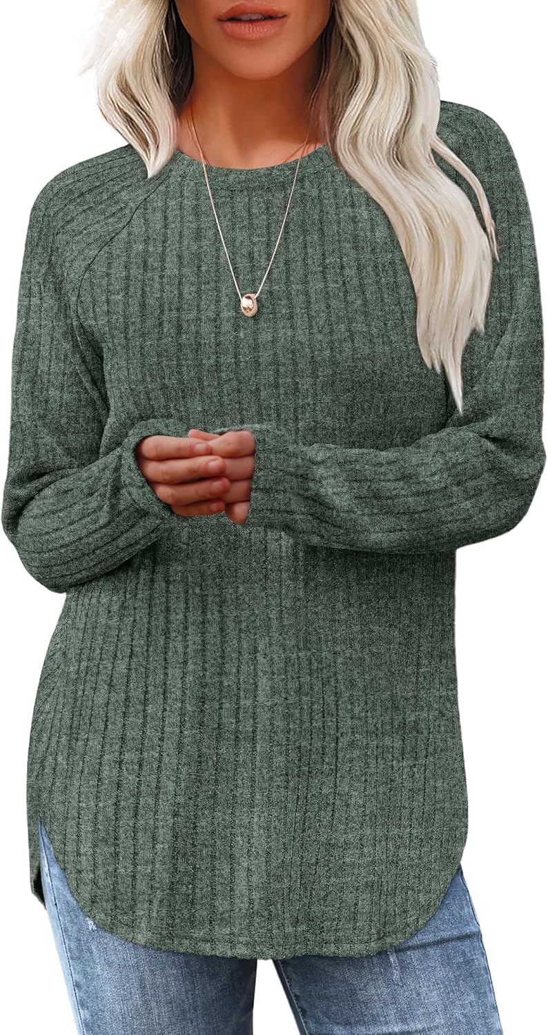 Women's Long Sleeve Tunic Tops - Loose Fit Crewneck Pullover with Curved Hem X-Large Green