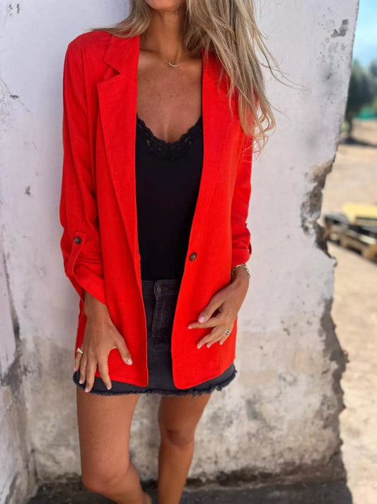 Full Size Lapel Collar Long Sleeve Blazer Plus Size Red