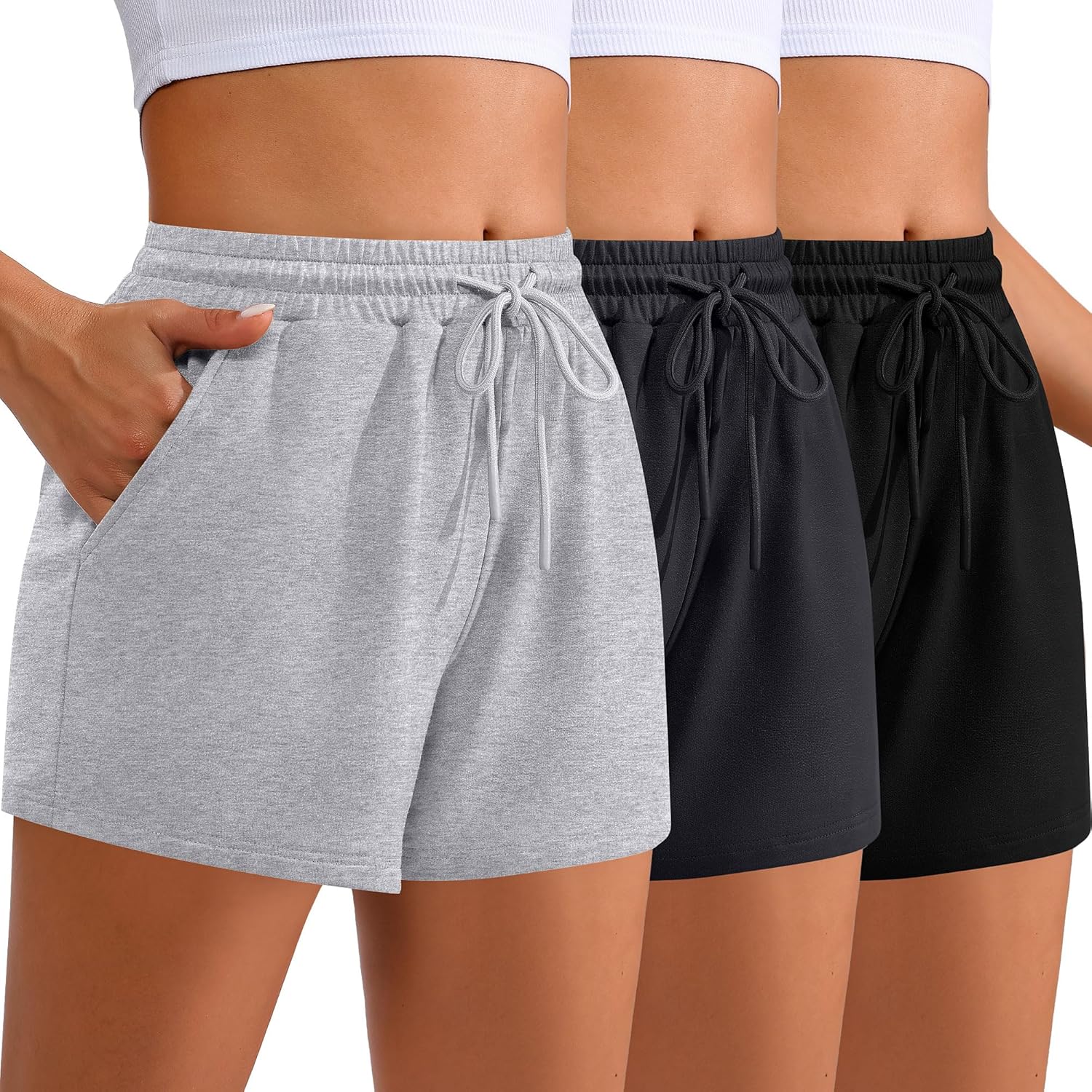 Women Sweat Shorts 3-Pack - High Waist Athletic Lounge Shorts with Pockets