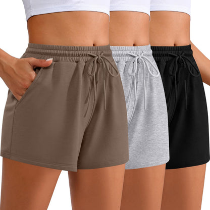 Women Sweat Shorts 3-Pack - High Waist Athletic Lounge Shorts with Pockets Black, Light Gray, Brown