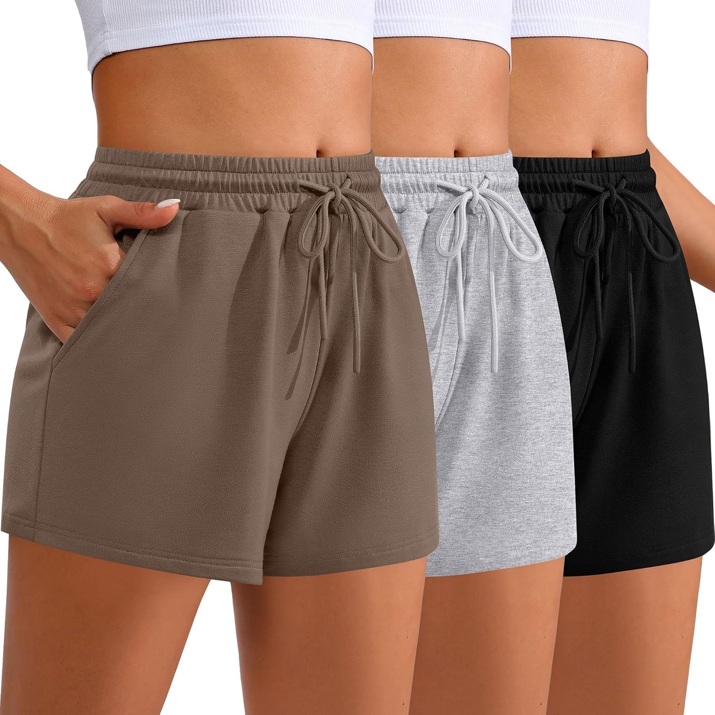 Women Sweat Shorts 3-Pack - High Waist Athletic Lounge Shorts with Pockets Black, Light Gray, Brown