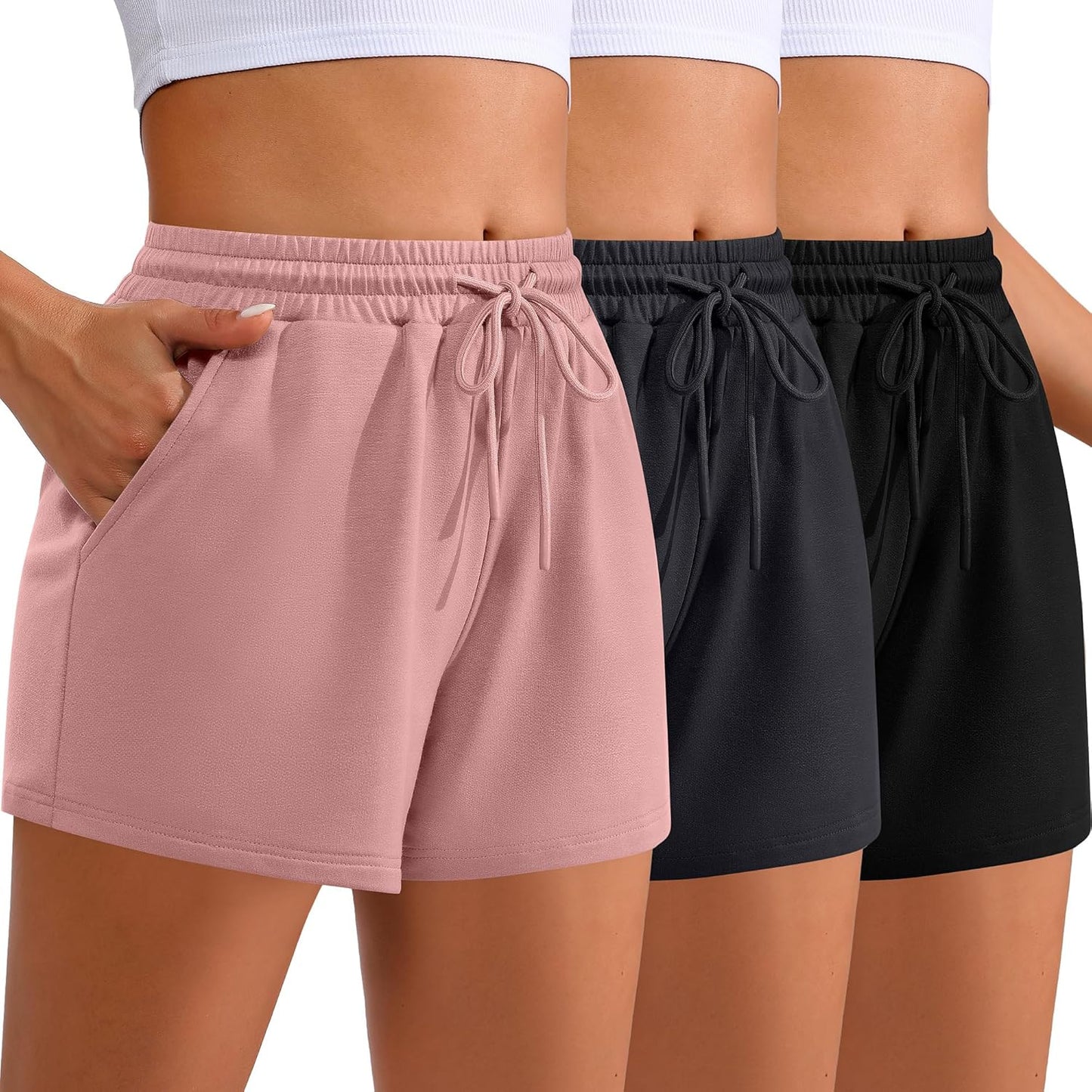 Women Sweat Shorts 3-Pack - High Waist Athletic Lounge Shorts with Pockets Dark Gray, Black, Pink