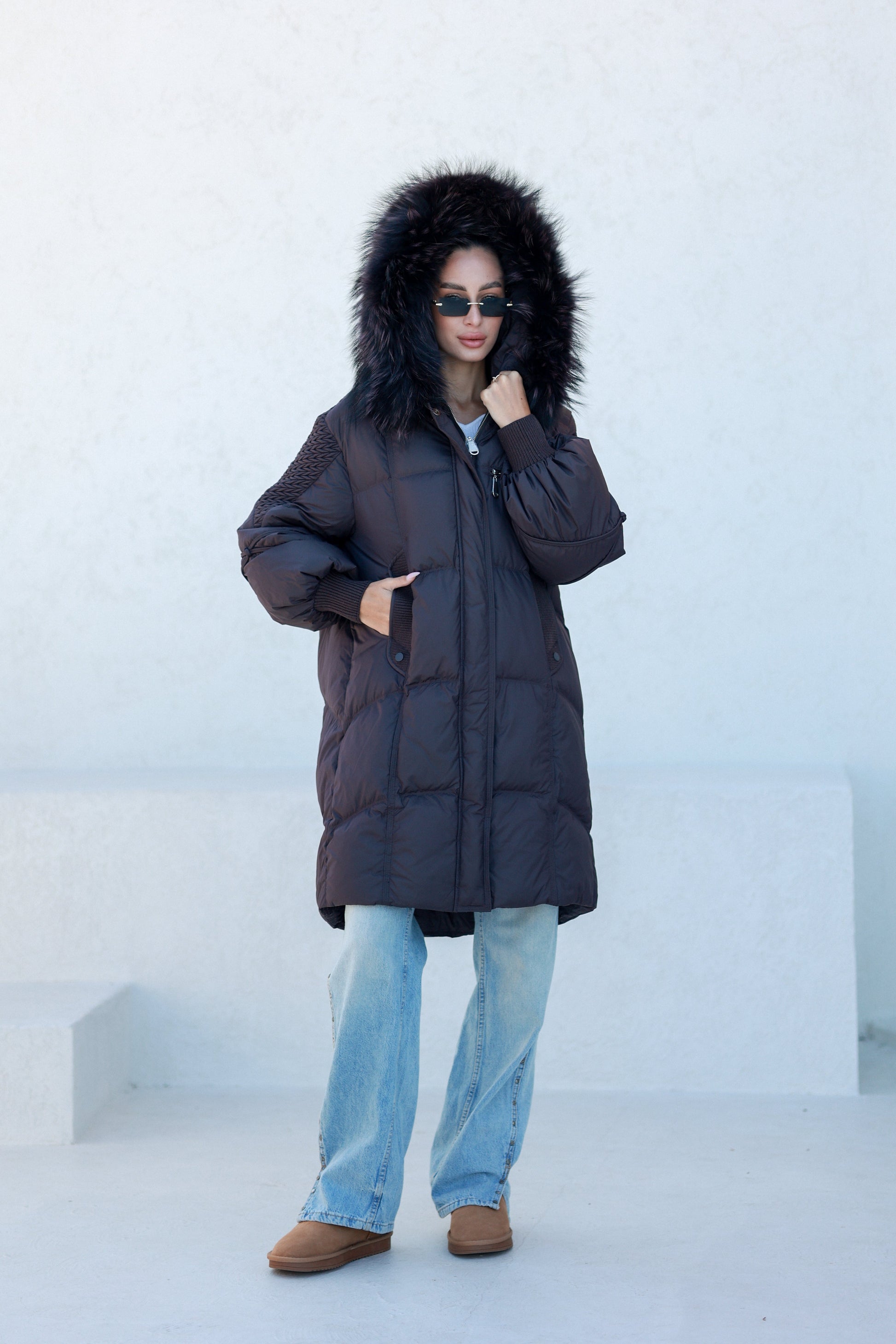 Dakota Genuine Fur Trim Down Fill Coat in Fig