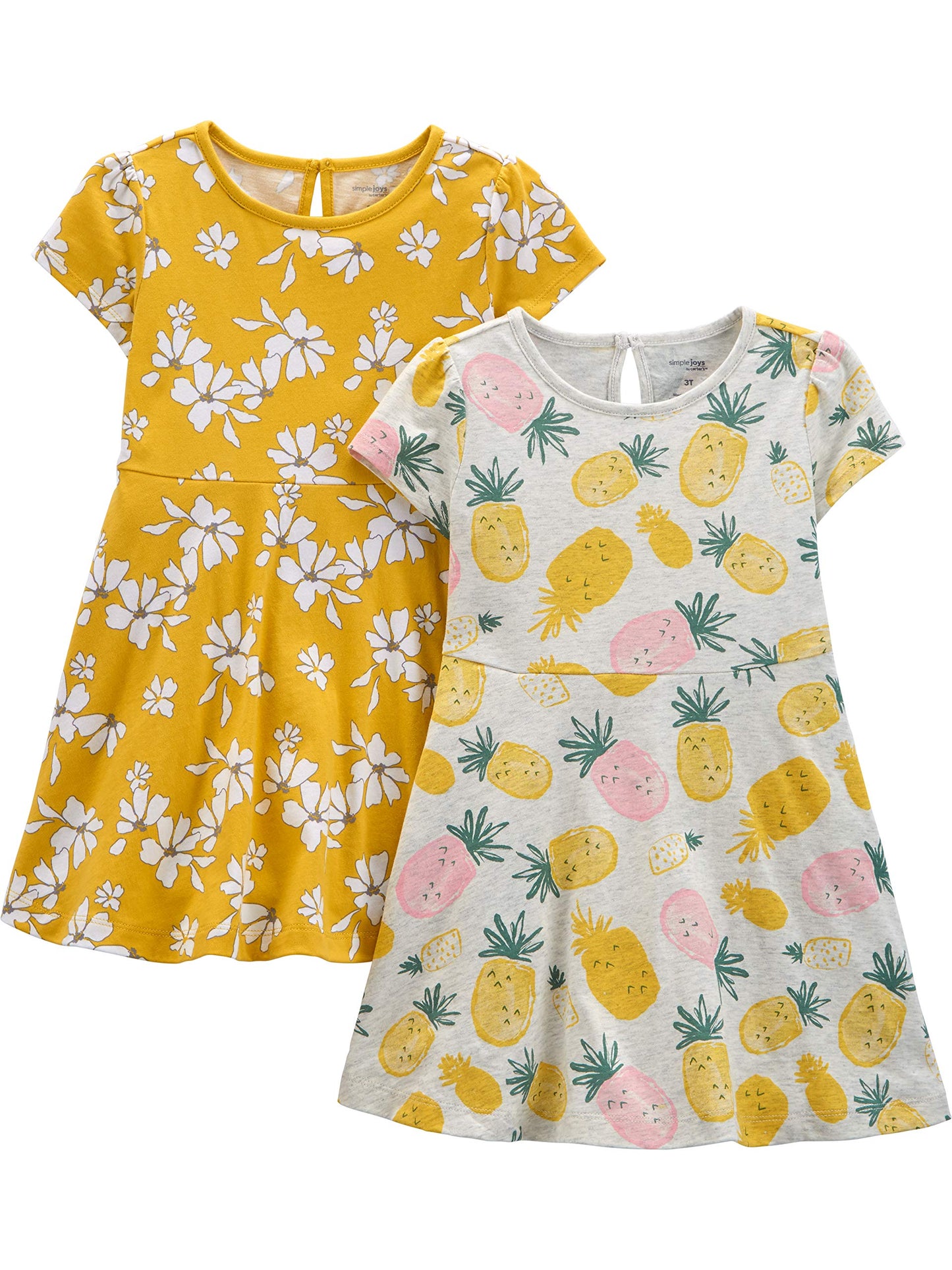Girls Dress Set 2-Pack - Short Sleeve and Sleeveless Dresses Grey Pineapple Mustard Yellow Flowers