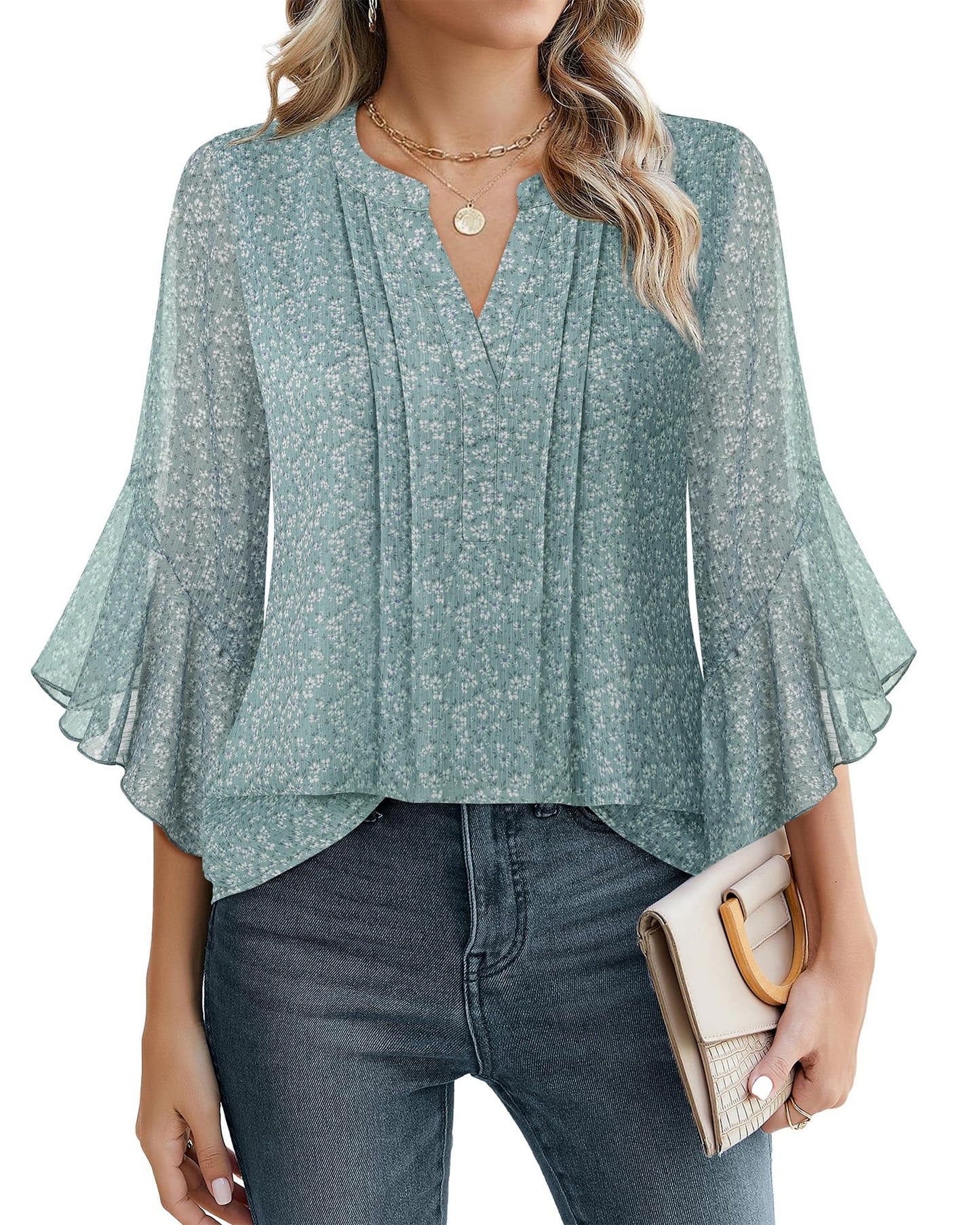 Beautiful Blouses For Ladies - Women's 3/4 Sleeve Chiffon Blouse Dressy Business Casual Work Shirt